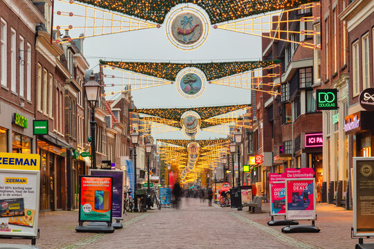 Christmas view of the main Dutch shopping street Grote Noord in the city center of Hoorn, The Netherlands on November 9, 2021