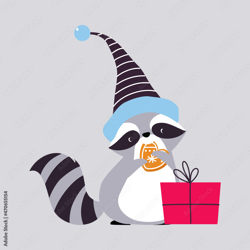 Sticker Cute Raccoon Animal with Striped Tail Wearing Hat Eating Gingerbread Enjoying Winter Season Vector Illustration