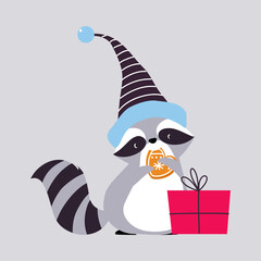 Cute Raccoon Animal with Striped Tail Wearing Hat Eating Gingerbread Enjoying Winter Season Vector Illustration
