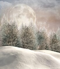 Snowy landscape with a forest under the moolight 
