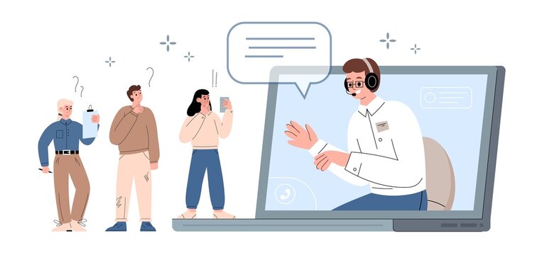 Hotline operator advising customers, flat cartoon vector illustration isolated.