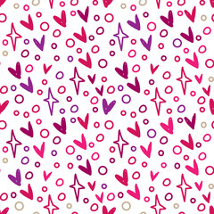 Valentines day seamless pattern with doodle pink and purple hearts, stars and line circles isolated on white background  for textile, giftbox paper and scrapbooking.