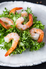 shrimp salad seafood sea delicacies meal snack on the table copy space food background rustic. top view keto or paleo diet vegetarian food no meat pescetarian diet