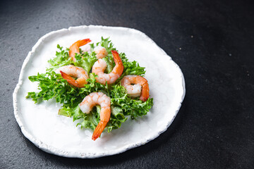 shrimp salad seafood sea delicacies meal snack on the table copy space food background rustic. top view keto or paleo diet vegetarian food no meat pescetarian diet