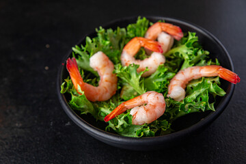 shrimp salad seafood sea delicacies meal snack on the table copy space food background rustic. top view keto or paleo diet vegetarian food no meat pescetarian diet