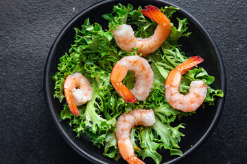 shrimp salad seafood sea delicacies meal snack on the table copy space food background rustic. top view keto or paleo diet vegetarian food no meat pescetarian diet