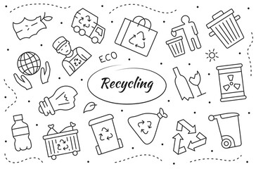 Set of ecology related elements. Concept recycling of zero wastes. Vector linear illustration.
