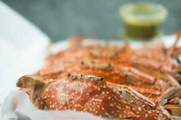 Selective focus of steamed blue swimming crab