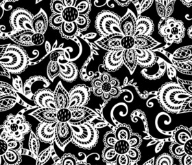 Seamless Pattern. White Floral Lacy Ornament on Black Background. Vector Illustration.