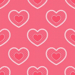 Obraz na płótnie Canvas Pink Seamless Pattern with White Lace and Hearts. Vector Illustration.