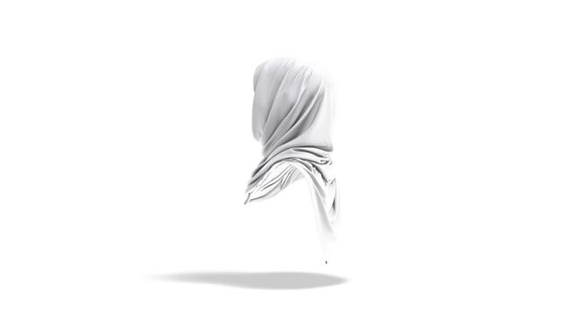Blank white woman muslim hijab mockup, looped rotation, 3d rendering. Empty female traditional head wear mock up, isolated on white background. Clear silk or clothe burka head-covering template.