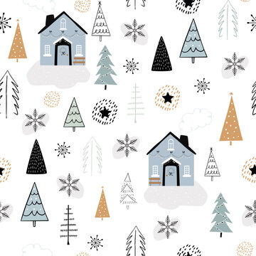 Christmas seamless repeat pattern with house, chrstmas trees and stars. Perfect for wallpaper, background, gift paper, winter decor and holiday designs. Vector illustration.
