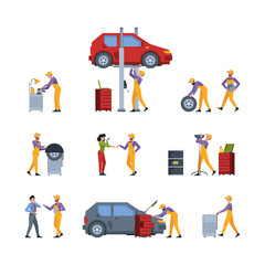 Car repairing. Auto service mechanic workers changing car parts garish vector set