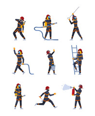 Fototapeta na wymiar Firefighters. Professional emergency safety persons fireman fight with flame garish vector people in uniform