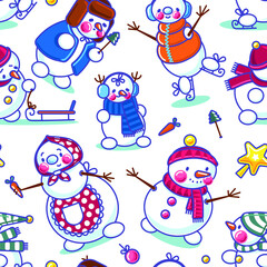 Cute Christmas Snowmen - Seamless Pattern