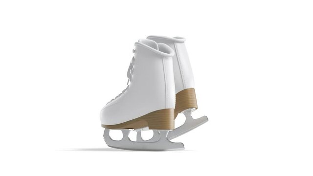 Blank white ice skates with blade mockup pair, looped rotation, 3d rendering. Empty figure skating boots on tiptoe mock up, isolated on white background. Clear winter skating shoelace template.