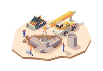 Pipeline production. Construction machines industrial pipeline installation builders working garish vector isometric background