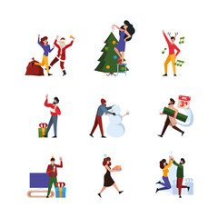 Christmas characters. New year celebration people with gifts and funny caps party dance family couples with kids garish vector happy persons