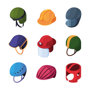 Protection helmets. Motorbike diving workers security caps astronauts colorful helmets professional hats garish vector isometric pictures set