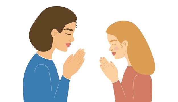 Vector illustration of praying women with dark and light hair. Isolated on a white background. 