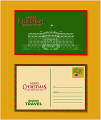 A greeting card with an envelope. New Year and Christmas. White House - detailed vector illustration
