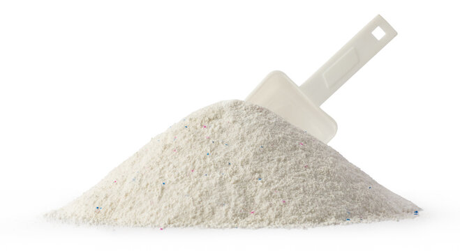 Pile Of Detergent Powder With Measuring Spoon Isolated On White Background