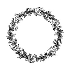 Botanical wreath. Flowers, leaves and branches, round frame. Vintage design for logo, cards, wedding invitations, postcards, stickers, fabric and textile.  White isolated background. - 470661713
