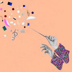 Contemporary art collage of female hands conducting music notes isolated over orange background