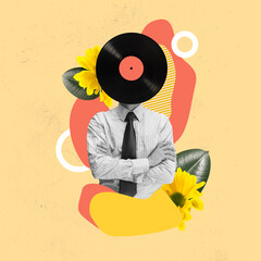Contemporary art collage of man in a suit with vinyl record head isolated over floral yellow background. Retro music style