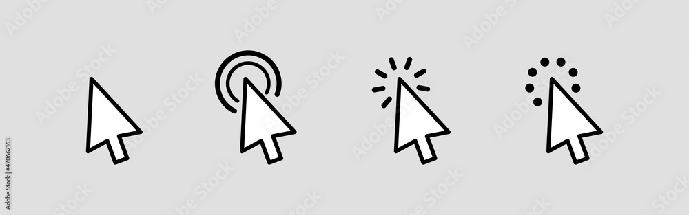 Poster computer mouse click cursor in arrow icons set. clicking cursor effect and waiting loading icons. ve