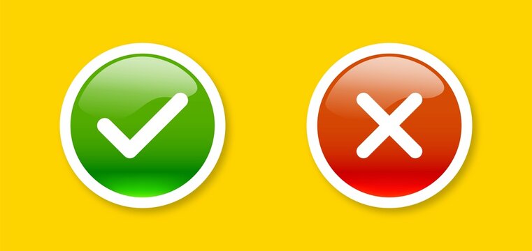 Green check mark and red cross buttons in 3d realistic style. Vector illustration.