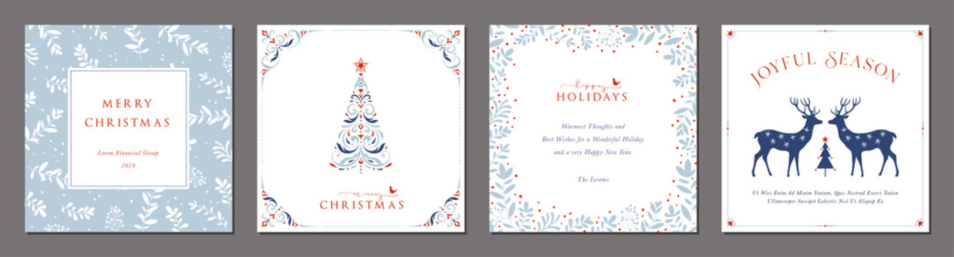 Merry and Bright Square Holiday cards. Christmas, Holiday templates with decorative Christmas Tree, reindeers, birds, floral background, ornate frames with greetings and copy space.