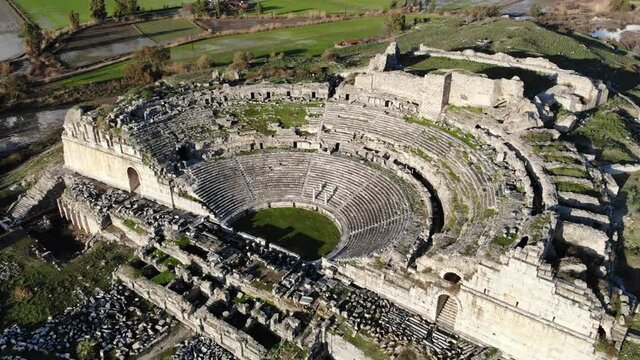 Top view from side of Miletus ancient theater ruins. Turkey