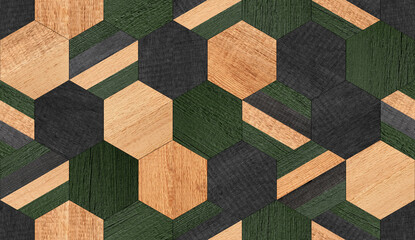 Seamless wooden background. Tiled floor texture with hexagonal pattern. - 470662534