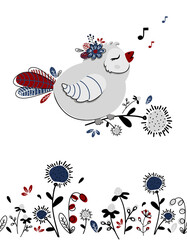 Cute gray bird with a branch. Flowers, leaves and berries. Vector cartoon childrens illustration. A cute baby. Design elements for logo, cards, labels, fabrics and textiles. White isolated background. - 470662580