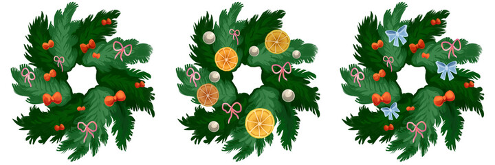 Set of Christmas wreath of holly plant with orange slice, red and blue ribbon bow and pearls. Illustration isolated on white for greeting card.
