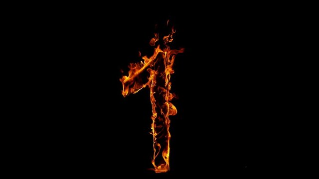 1 - Single Number made of Fire Flames on Black Background. Super Slow Motion, 1000 fps.