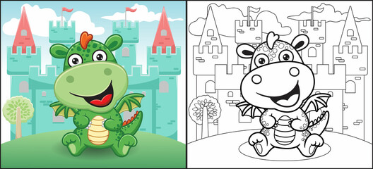 Coloring book or page of funny dragon cartoon on castle background