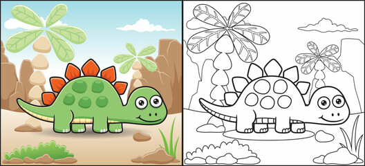 Coloring book or page of stegosaurus cartoon on mountains rock background © Bhonard21