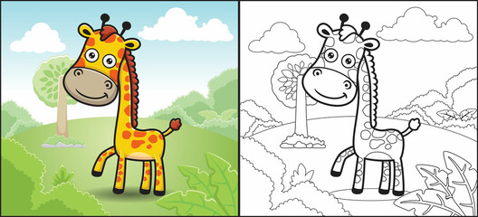 Fototapeta premium Coloring book or page of funny giraffe cartoon in forest on blue sky background