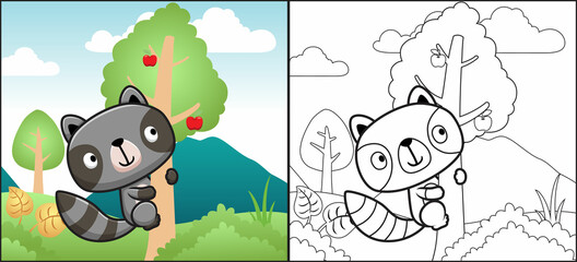 Coloring book or page of raccoon cartoon climbing fruit tree in forest © Bhonard21