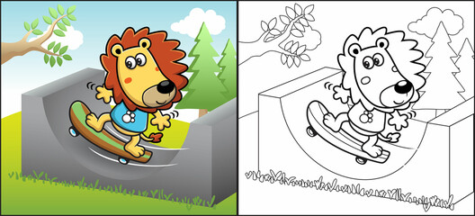 Fototapeta premium Coloring book or page of lion cartoon playing skateboard in skate pa