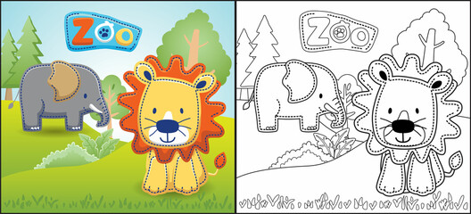 Coloring book or page of funny animals cartoon. Lion with elephant in the zoo