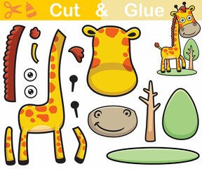 Vector illustration of giraffe cartoon with tree. Education paper game for children. Cutout and gluing