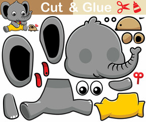 Vector illustration of little elephant cartoon with rat toys. Education paper game for children. Cutout and gluing.