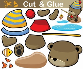 Vector illustration of little bear cartoon fishing. Education paper game for children. Cutout and gluing