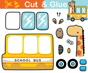 Obraz premium Vector illustration of funny giraffe cartoon driving school bus. Education paper game for children. Cutout and gluing