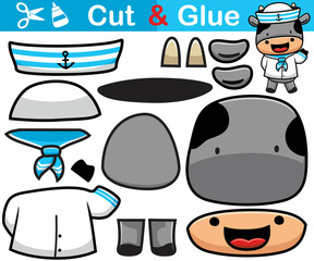 Vector illustration of funny cow cartoon in sailor costume. Cutout and gluing
