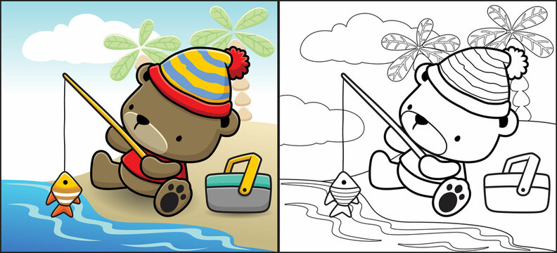 Coloring Book Or Page Of Cute Bear Cartoon Wearing Beanie Fishing In The Beach