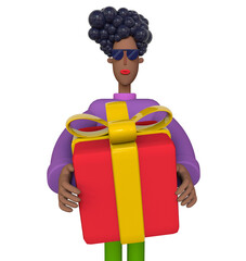 Black guy holding red gift boxes with yellow bows. Cartoon afro american guy holding presents at festive season shopping. Trendy 3d illustration.